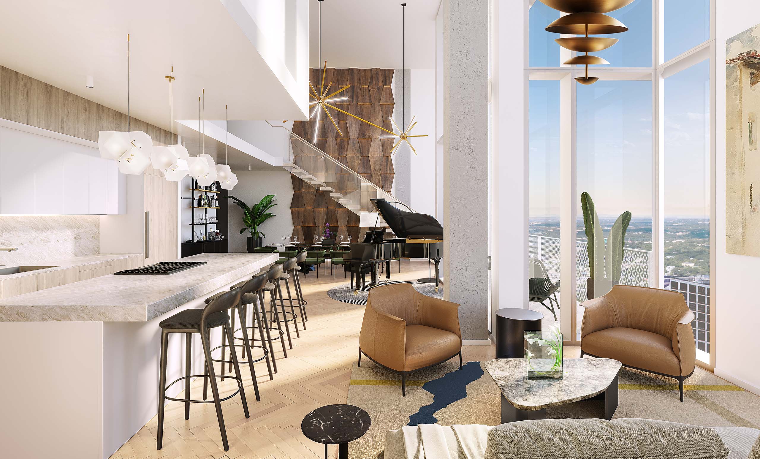 The Linden Residences Austin Texas Condo Tower Residence Penthouse Kitchen & Living Room