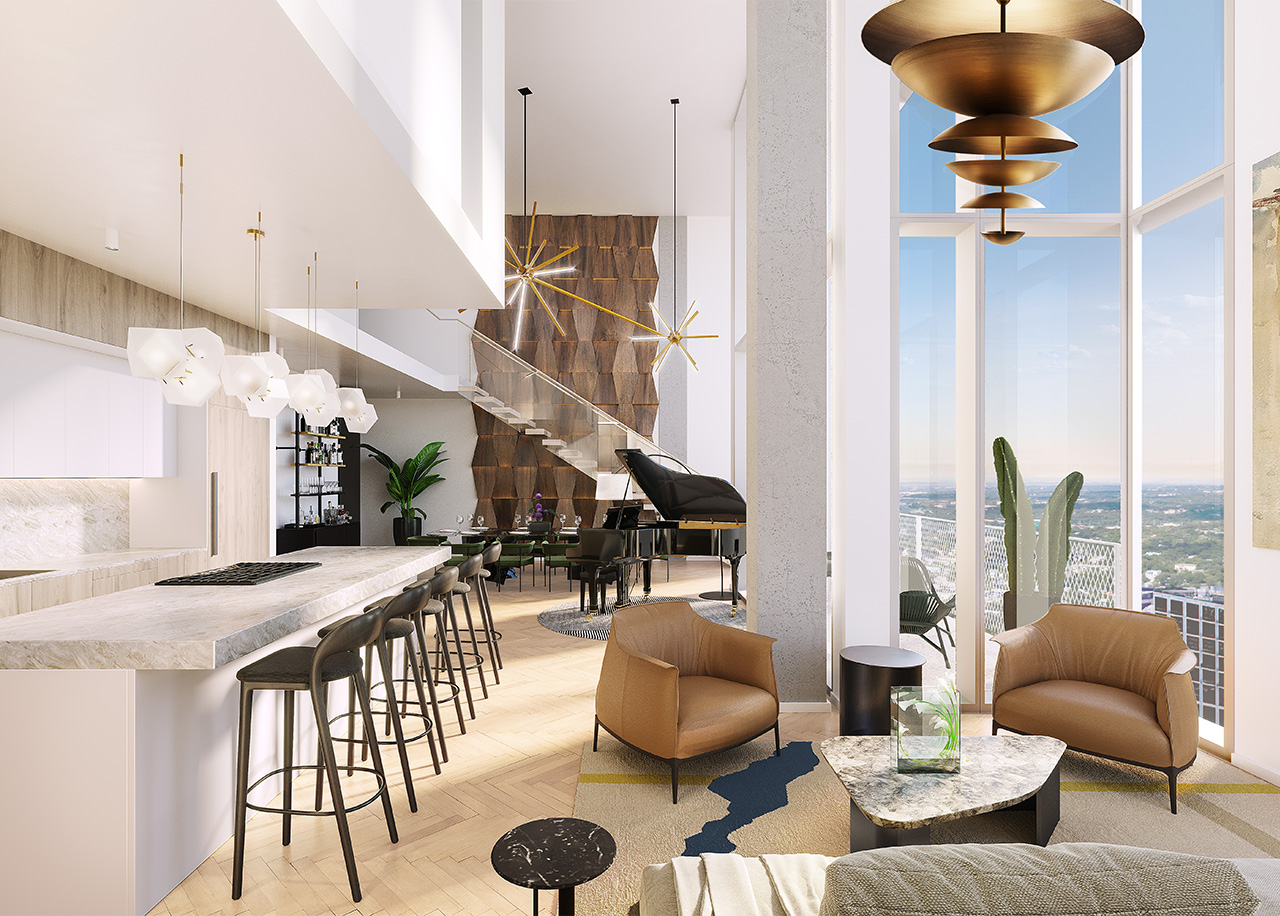 The Linden Residences Austin Texas Condo Tower Penthouse 3 Kitchen Living