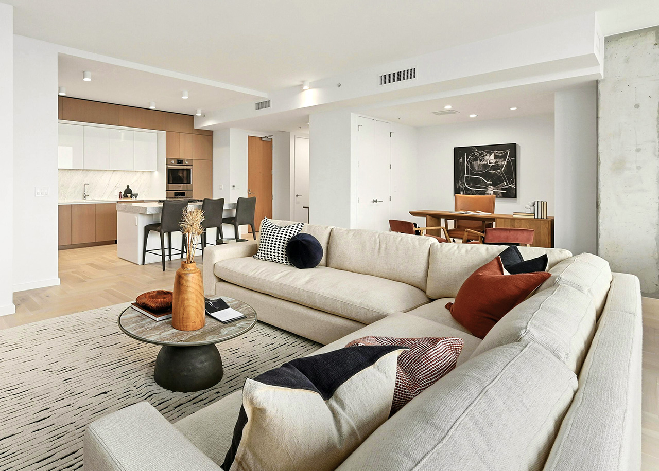 The Linden Residences Austin Texas Condo Tower D1 Unit Kitchen & Living Room